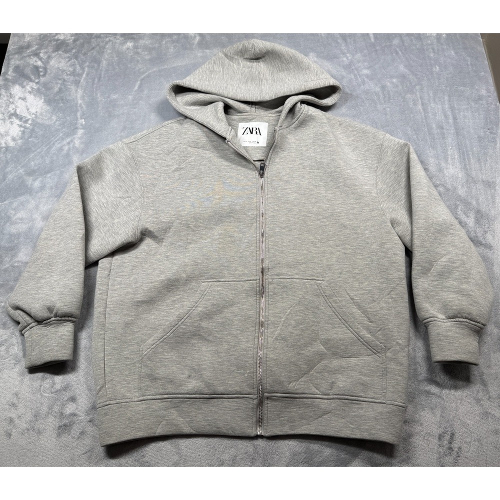 Zara Hoodie Women Medium Heather Gray Stretch Oversized Kangaroo Pocket Full Zip